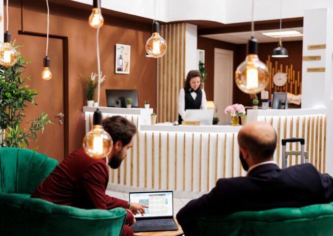 Two professionals review notes on laptop, creating buisness meeting in lounge area at luxury hotel. International representatives attend important conference to share experiences.